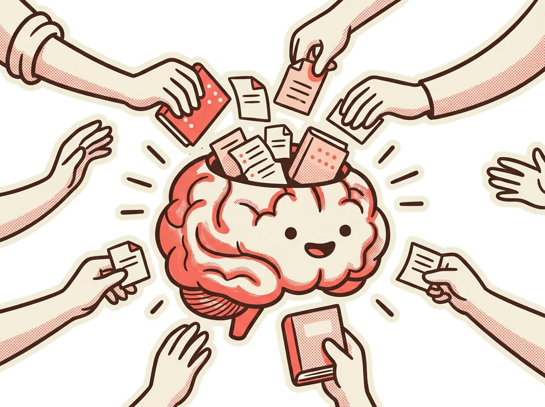 Many hands placing notes into one growing brain