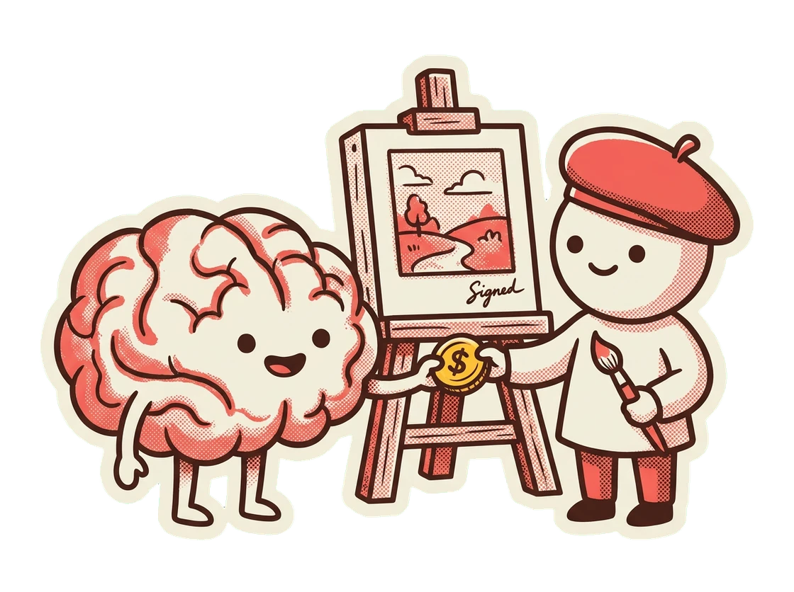 A brain handing a gold coin to an artist beside a signed painting